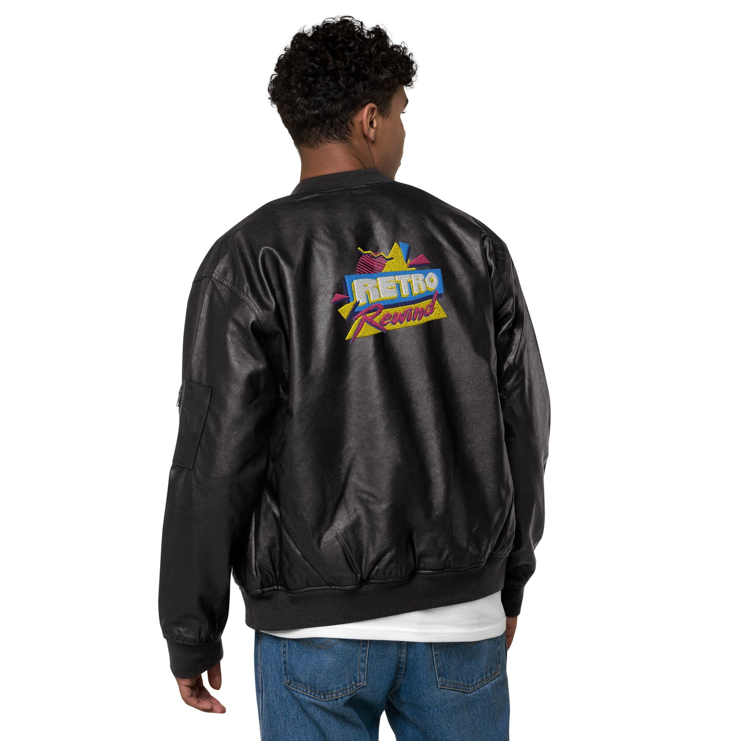 Retro Rewind 80s Logo Leather Bomber Jacket