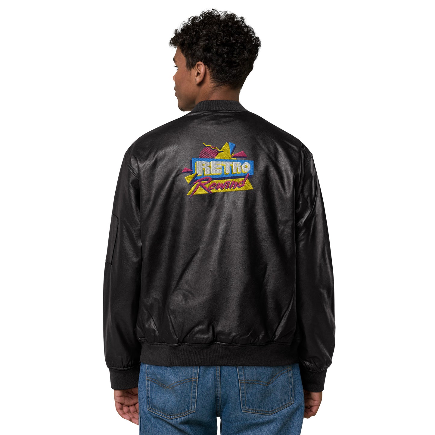 Retro Rewind 80s Logo Leather Bomber Jacket