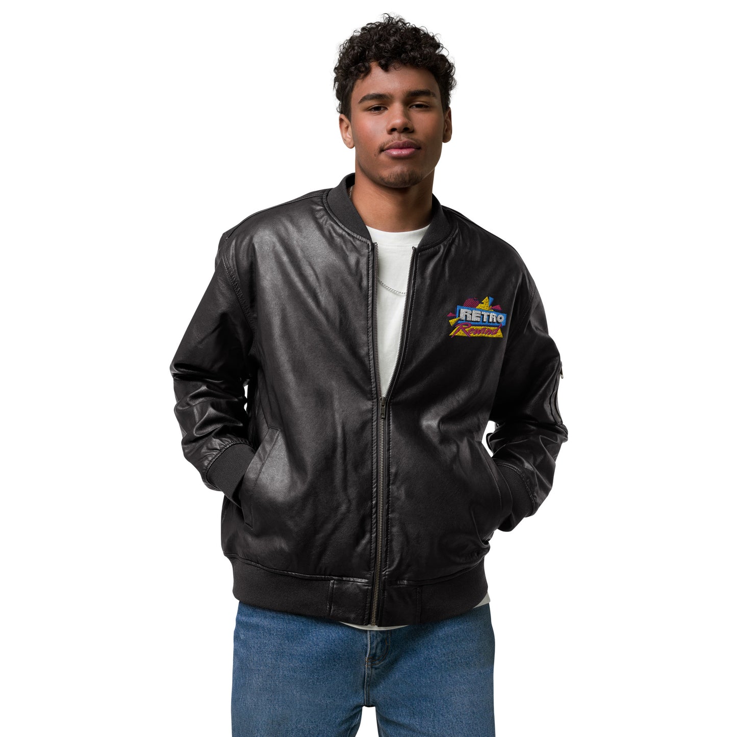 Retro Rewind 80s Logo Leather Bomber Jacket