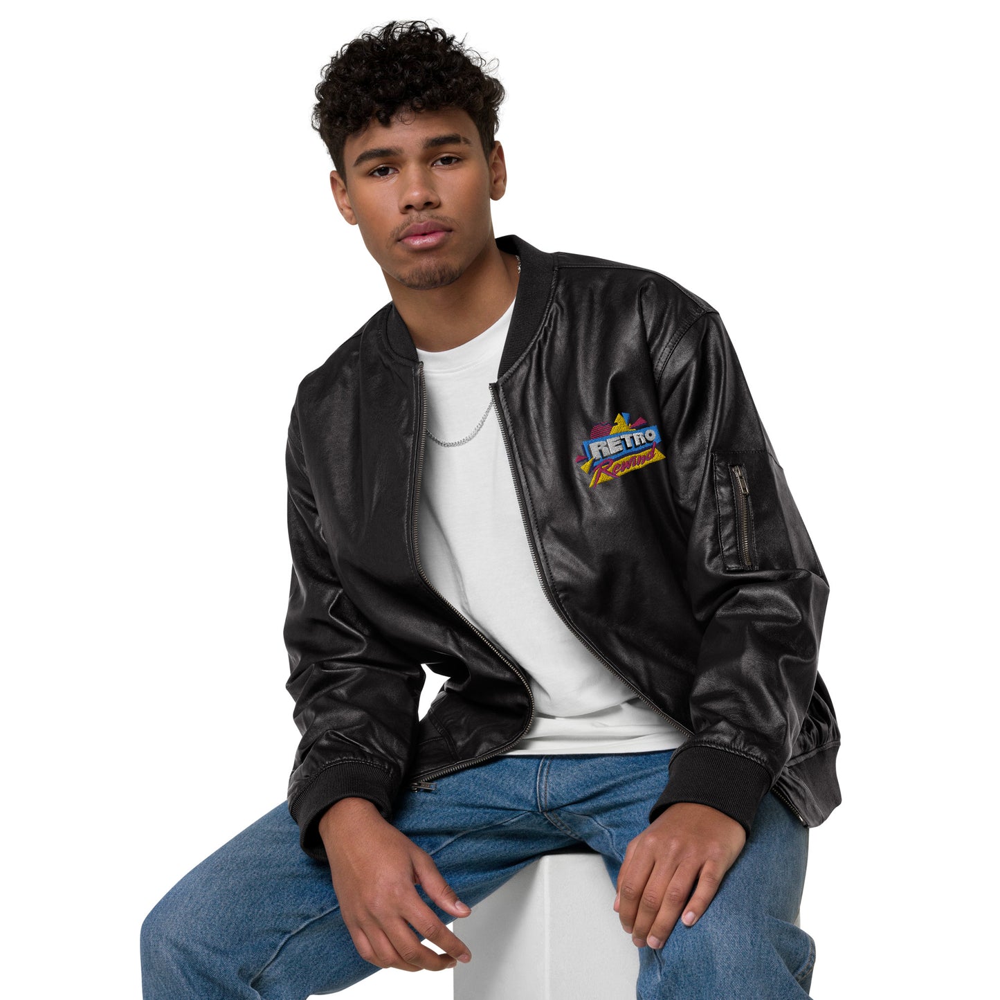 Retro Rewind 80s Logo Leather Bomber Jacket