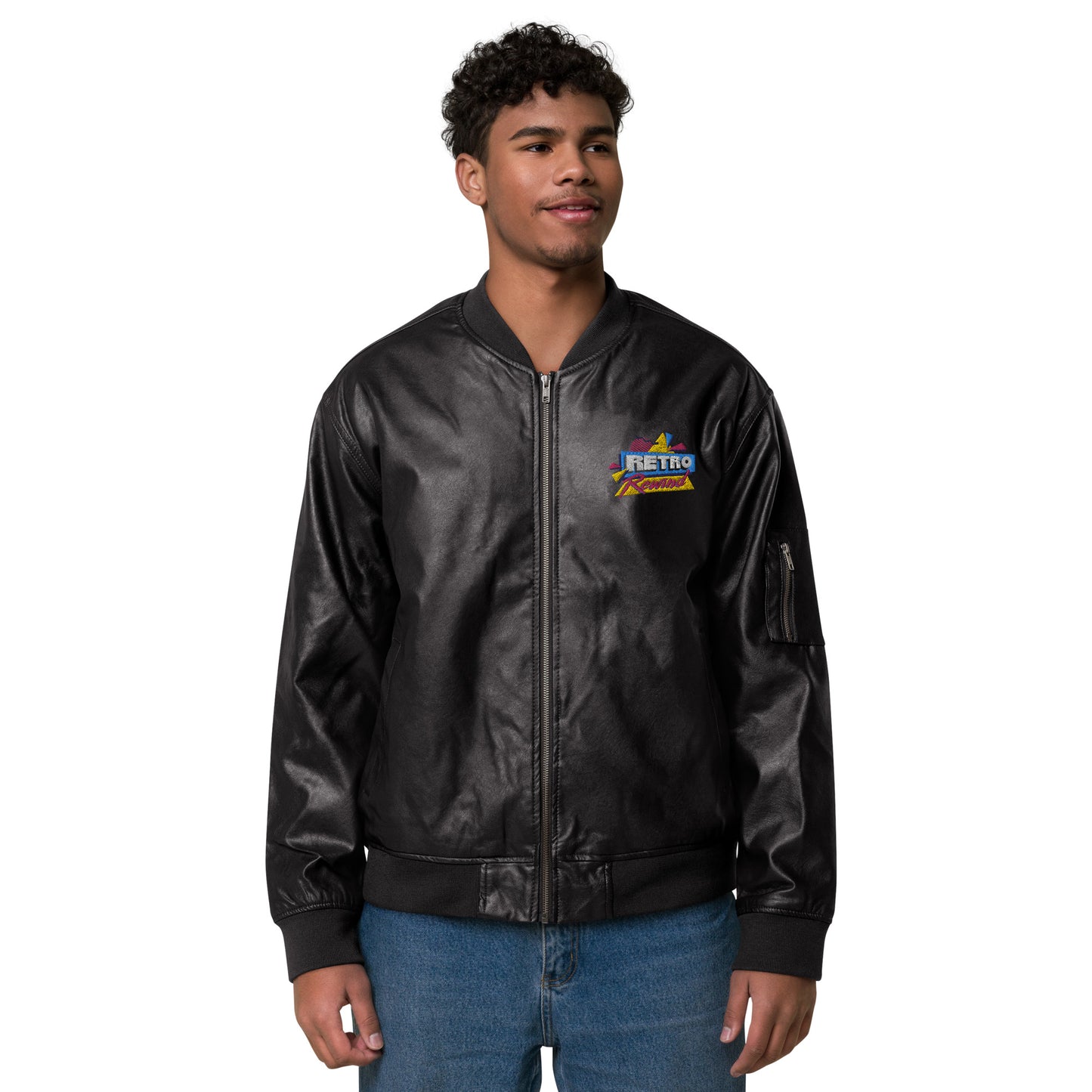 Retro Rewind 80s Logo Leather Bomber Jacket