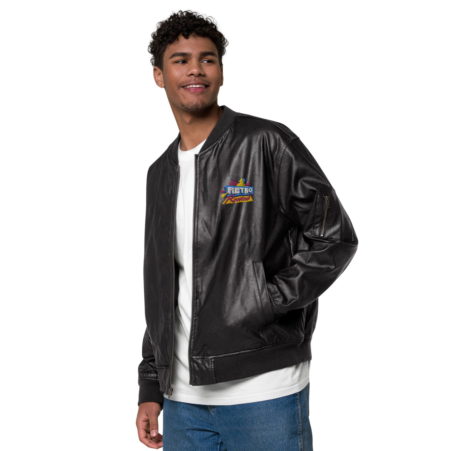 Retro Rewind 80s Logo Leather Bomber Jacket