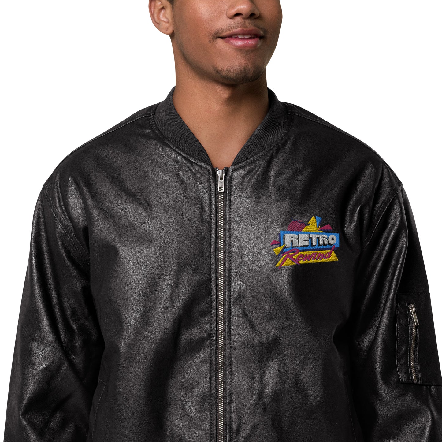 Retro Rewind 80s Logo Leather Bomber Jacket