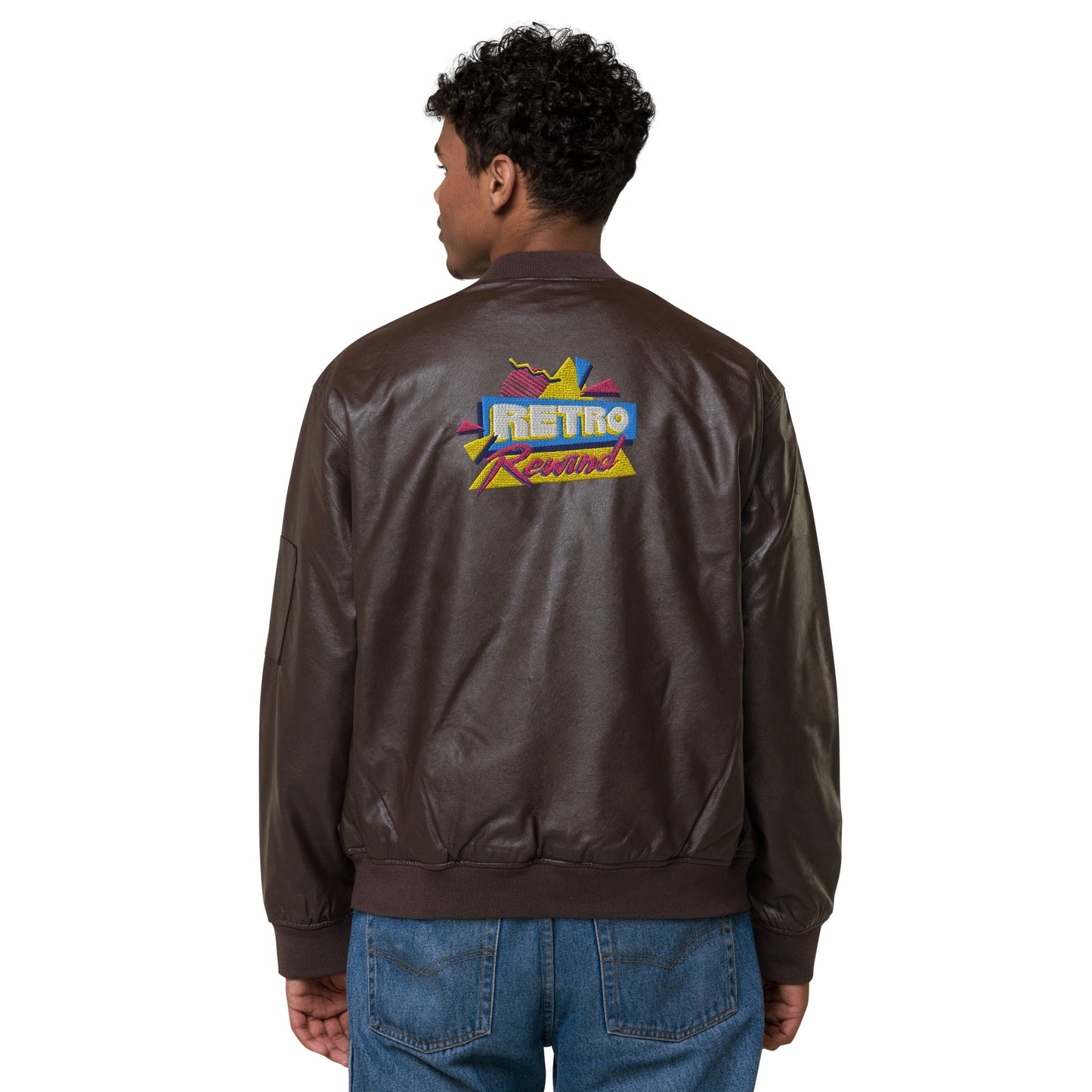 Retro Rewind 80s Logo Leather Bomber Jacket