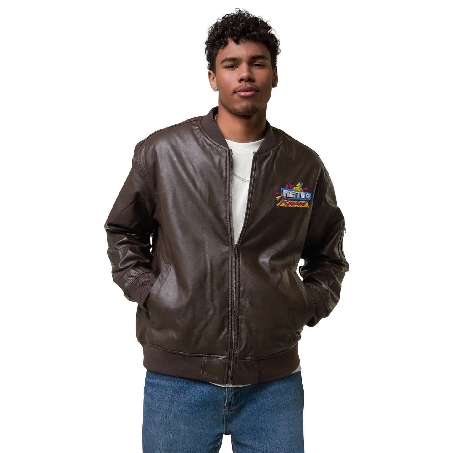 Retro Rewind 80s Logo Leather Bomber Jacket