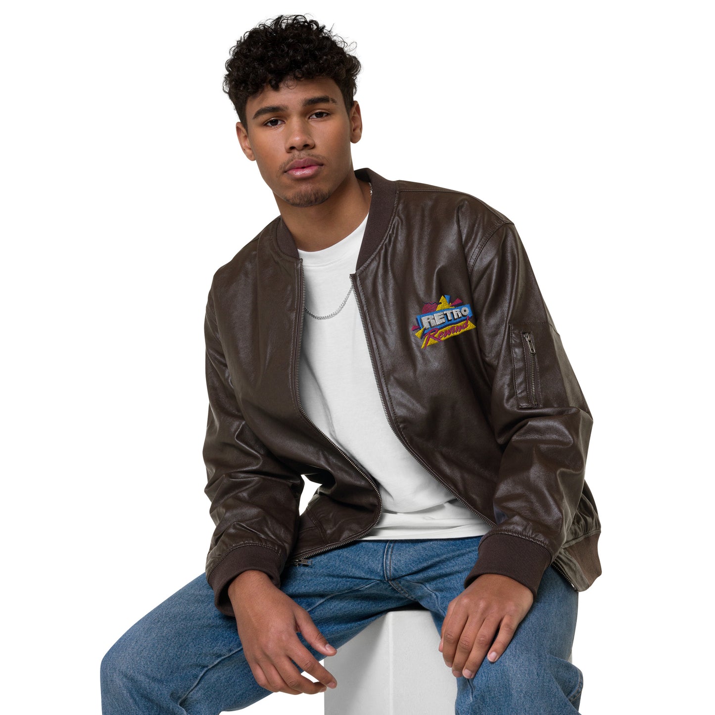 Retro Rewind 80s Logo Leather Bomber Jacket