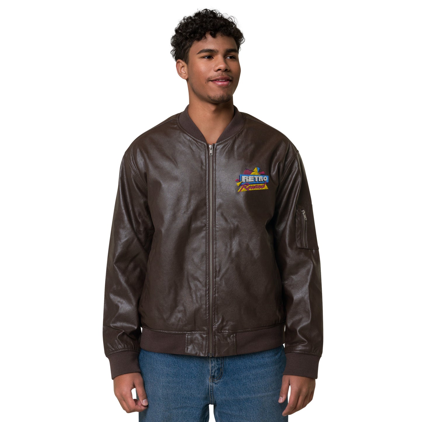 Retro Rewind 80s Logo Leather Bomber Jacket