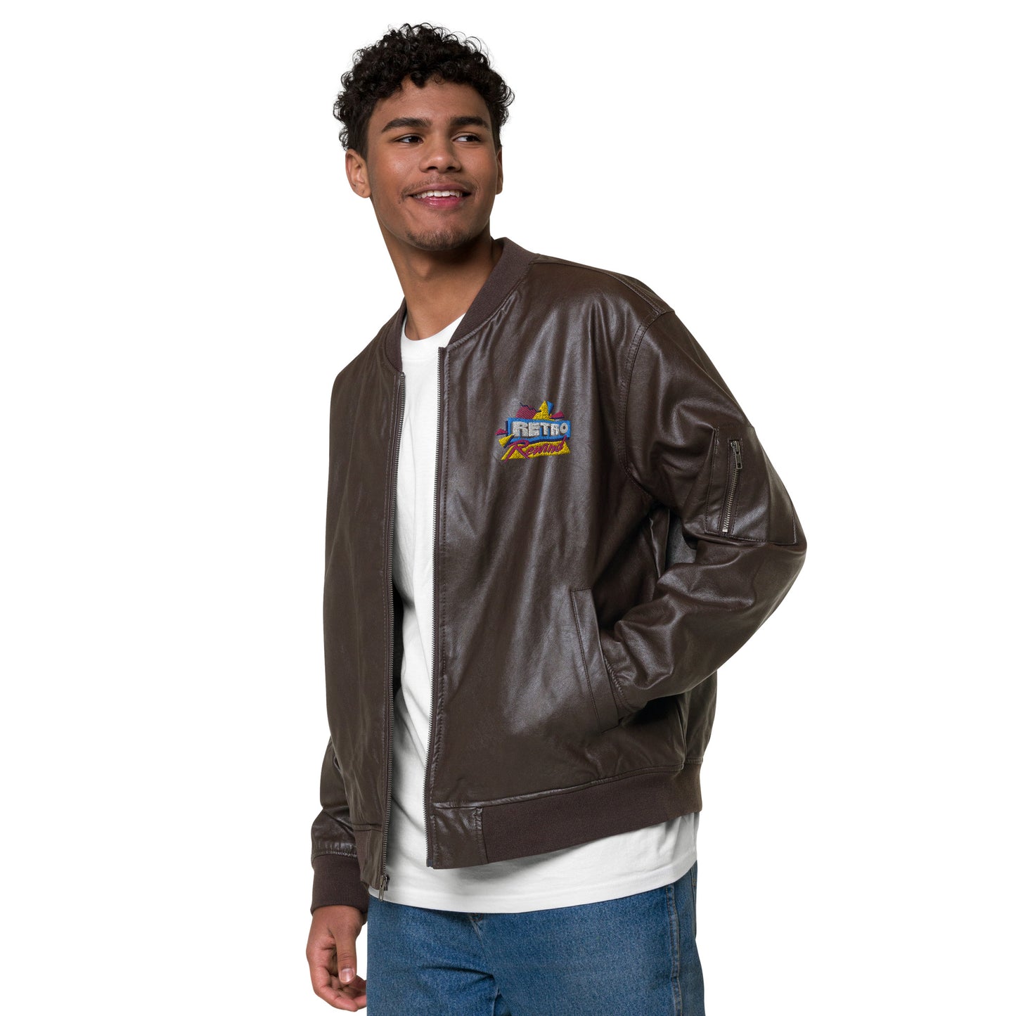 Retro Rewind 80s Logo Leather Bomber Jacket