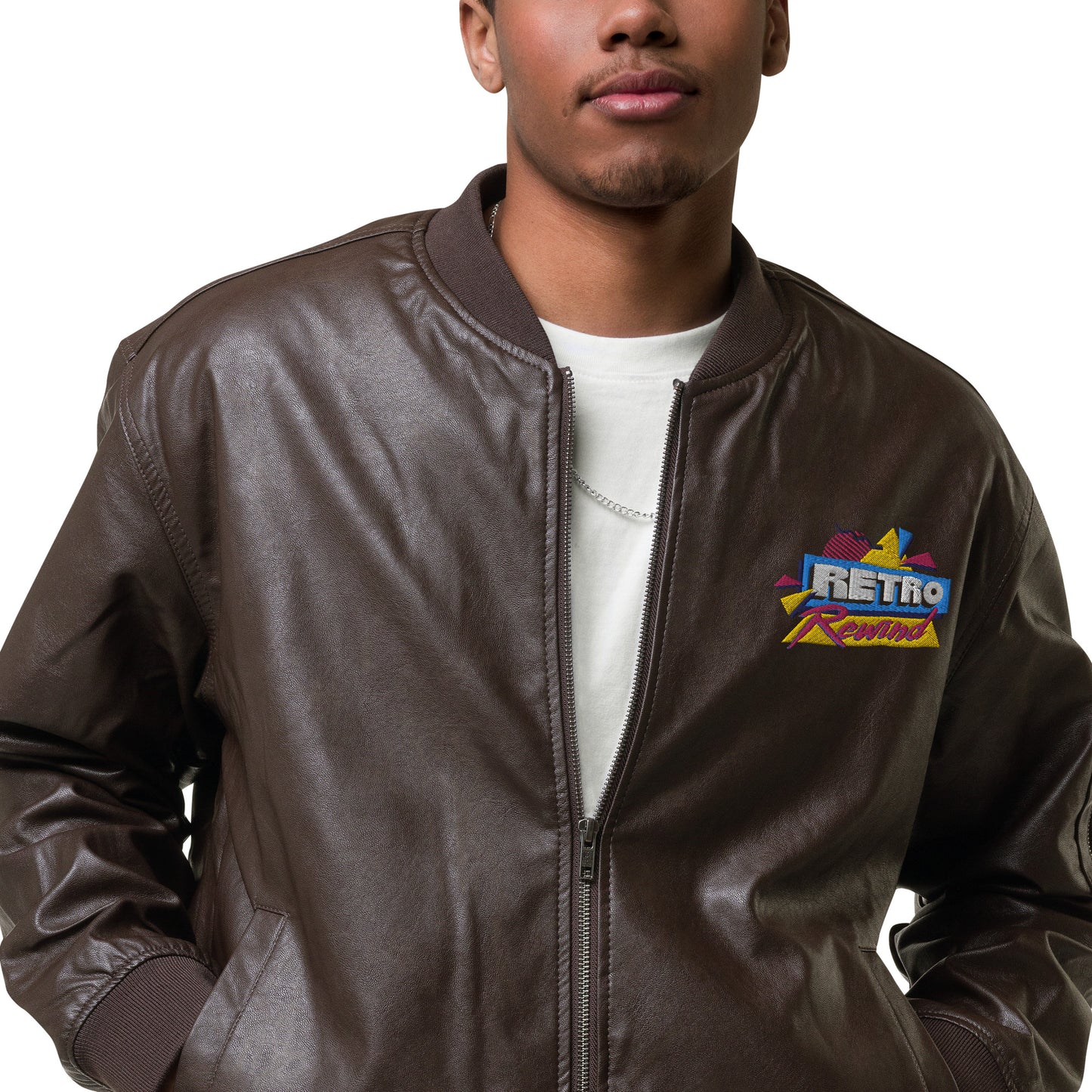 Retro Rewind 80s Logo Leather Bomber Jacket