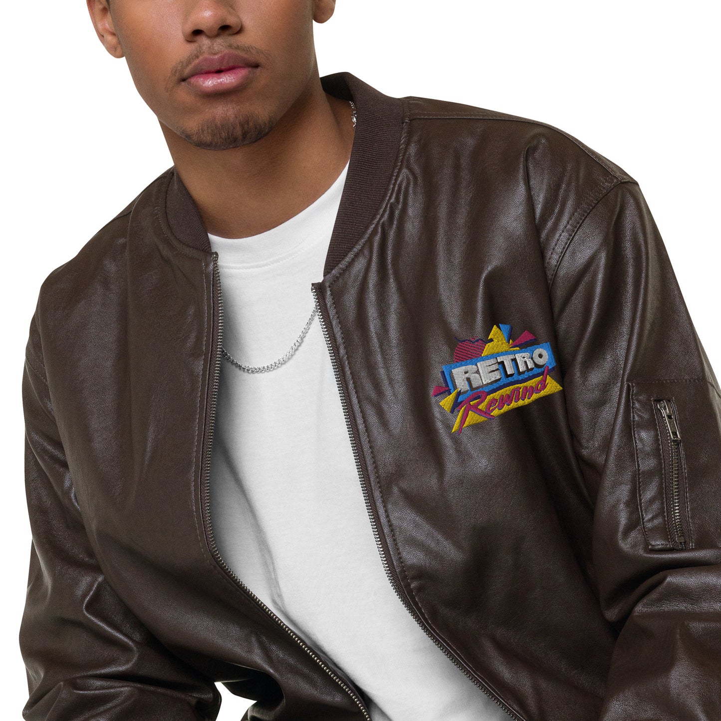 Retro Rewind 80s Logo Leather Bomber Jacket