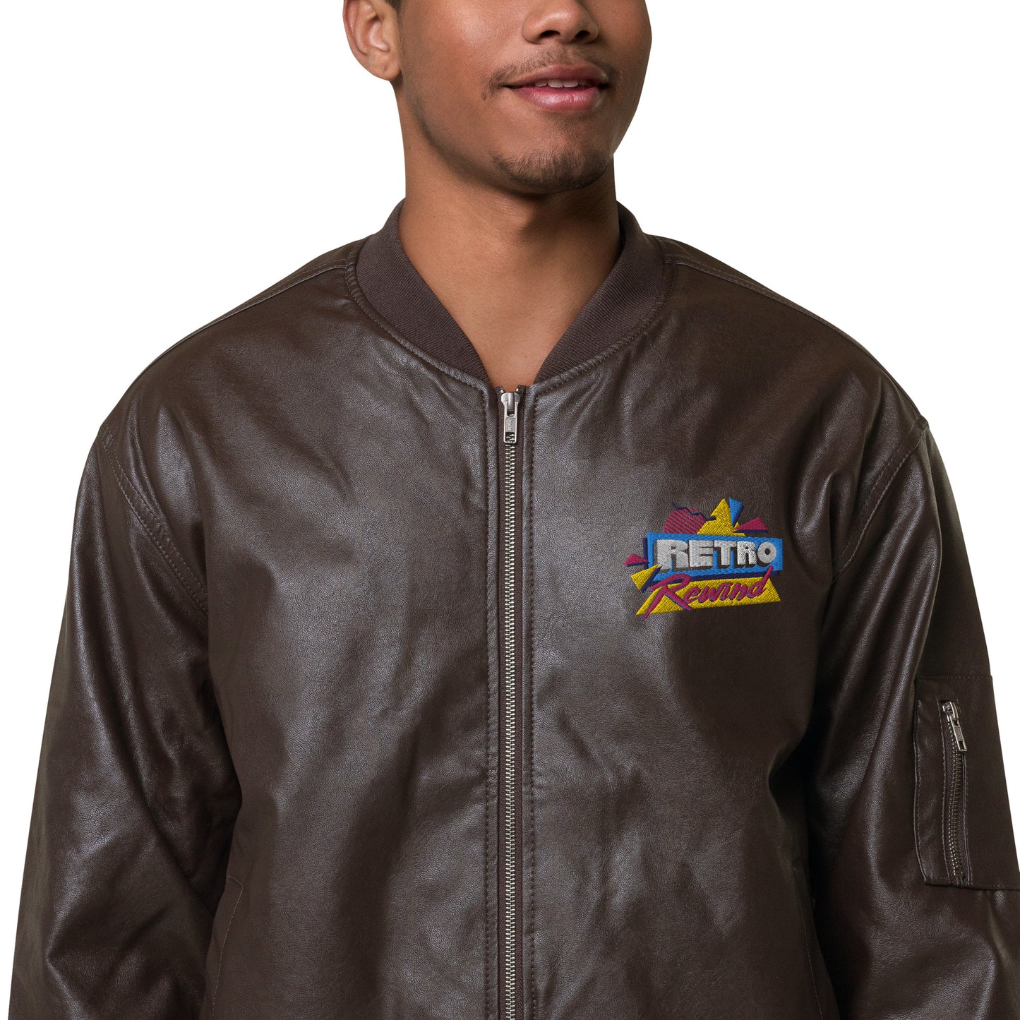 Retro Rewind 80s Logo Leather Bomber Jacket